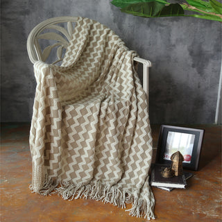 Buy khaki Knitted Tassel Decoration Sofa Nap Blanket With Towel