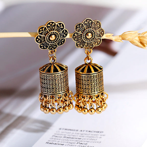 Retro Ethnic Style Cylindrical Earrings Indian Bell Tassel Pendant