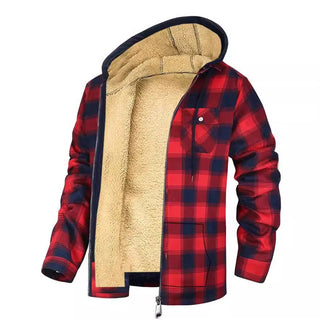 Buy red Men&#39;s Plaid Print Hooded Zip-Up Jacket Winter Thickened Cotton-padded Coat Warm Clothing