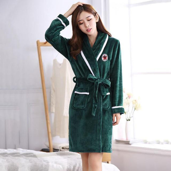 Winter Flannel Lovers Robe Gown Elegant Solid Casual Sleepwe