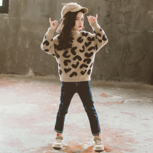 Children's leopard-print mink wool sweater