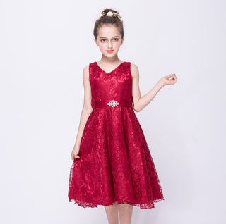 Buy wine-red Kids girls dress children Costume Girls Dress Lace Dress Tong Wholesale