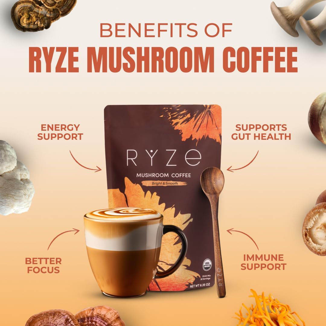 Organic Mushroom Coffee Blend with 6 Adaptogenic Mushrooms & MCT Oil (30 Servings)