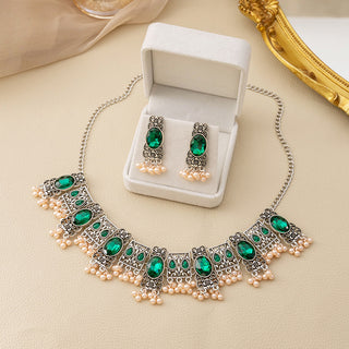 Buy e1474 Vintage Emerald Earrings Ethnic Style Square Tassel Bead Pendant Jewelry Suit