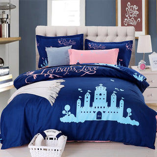 Buy blue Cotton cartoon active thickening sanding four-piece cotton wedding gift linen quilt cover bedding