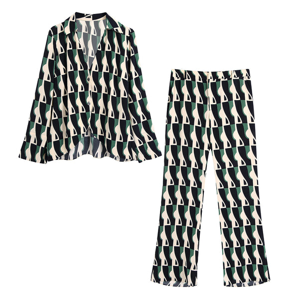 Loose Blouse Geometric Print Flared Pants Suit