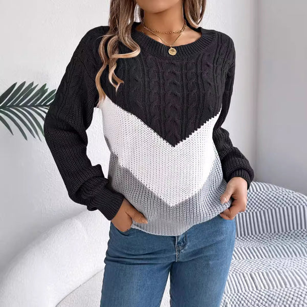 Color Matching Twist Lantern Sleeve Knitted Pullover Sweater