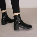 Black Belt Buckle Round Toe Mid Heel Short Boots For Women