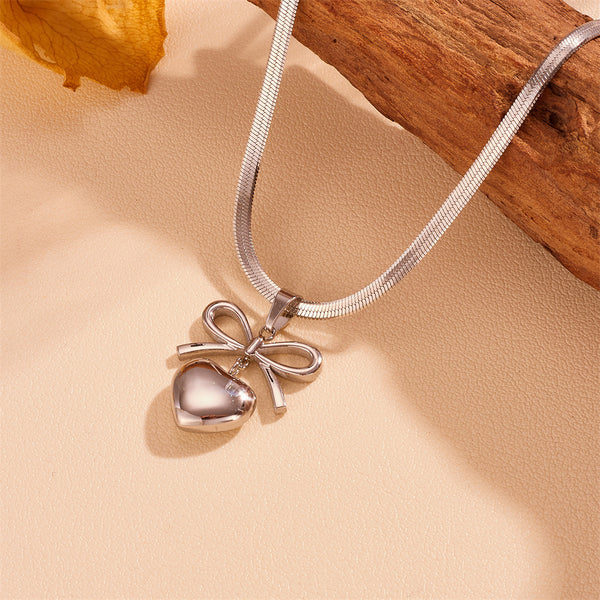 Stainless Steel Peach Heart Bow Necklace Ear Stud Ornament Suit