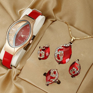 Buy oval-red-watch-suit Fashion Watch Gift Suit Quartz Watch Necklace Bracelet Ring Stud Earrings