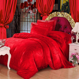 Buy scarlet Four-Piece Cotton Bedding With European Style Jacquard Satin