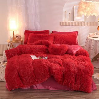 Buy red Luxury Thick Fleece Duvet Cover Queen King Winter Warm Bed Quilt Cover Pillowcase Fluffy Plush Shaggy Bedclothes Bedding Set Winter Body Keep Warm