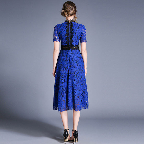 New European And American Style Hook Flower Hollow Stitching Lace Dress