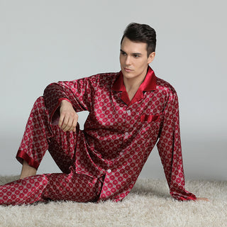 Buy crimson Men&#39;s Printed Silk Pajamas Spring And Summer Long-Sleeved Suit