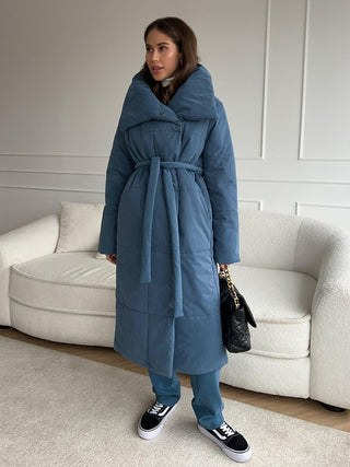 Buy blue Fashion Large Lapel Long Coat Winter Warm Cotton Jacket With Pockets And Lace-up Design Casual Solid Color Thick Coat For Women