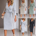 Women V-neck Long Sleeve Knitted Tied Dress