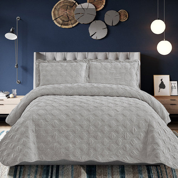 Velvet Embroidered Quilt Set - Light Grey