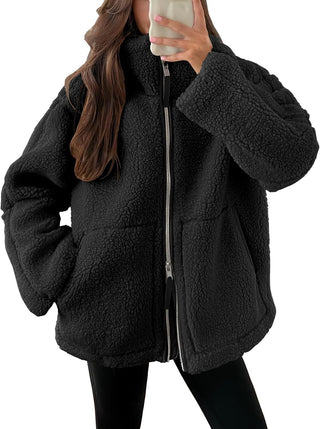 Buy black Women's Winter Lapel Zip-up Coat With Pockets
