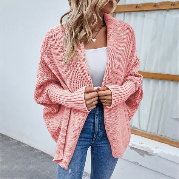 New Loose Knitted Sweater Solid Color Bat Sleeve Large Lapel Cardigan