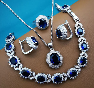 Buy blue-4pcs Silver 925 Women Bridal Jewelry Sets Blue Zirconia Costume