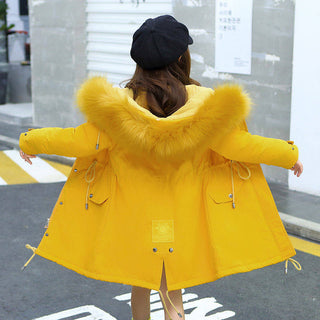 Buy yellow Middle And Large Children&#39;s Cotton Coats In The Long Style With Velvet Liner