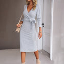 Autumn And Winter V-neck Long Sleeve Knitted Tied Dress