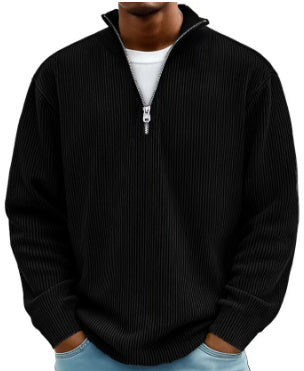 Buy black Men's Solid Color Zipper Stand Collar Sweatshirt