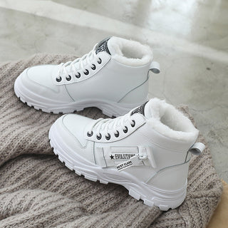 Buy white Fleece Lace-up Boots Winter Warm Short Plush High-top Shoes