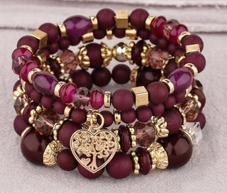 Buy red-and-purple Multi-layer Hollow Heart Pendant Tassel Bracelet Suit