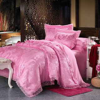 Buy pink Four-Piece Cotton Bedding With European Style Jacquard Satin