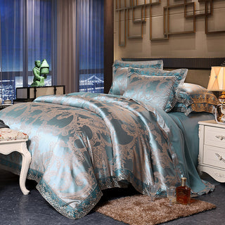 Buy lake-blue Four-Piece Cotton Bedding With European Style Jacquard Satin