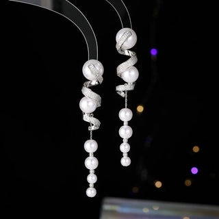 Buy silver-white-pearl Inlaid Zircon Silver Needle Long Fringed Pearl Spiral Earrings