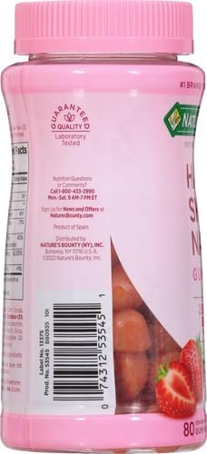 Nature's Bounty Optimal Solutions Hair, Skin & Nails Vitamin Gummies with Biotin, 2500 mcg, Strawberry, 80 Count, 40 Total Servings