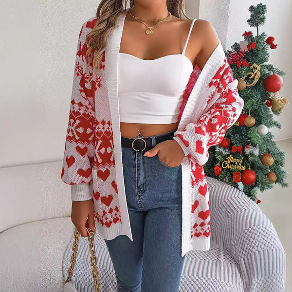 2024 Christmas Clothes Women's Open Front Cardigan Knitwear Lantern Sleeve Xmas Printed Oversized Deer Sweater Pockets Knitted