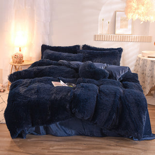 Buy navy Luxury Thick Fleece Duvet Cover Queen King Winter Warm Bed Quilt Cover Pillowcase Fluffy Plush Shaggy Bedclothes Bedding Set Winter Body Keep Warm