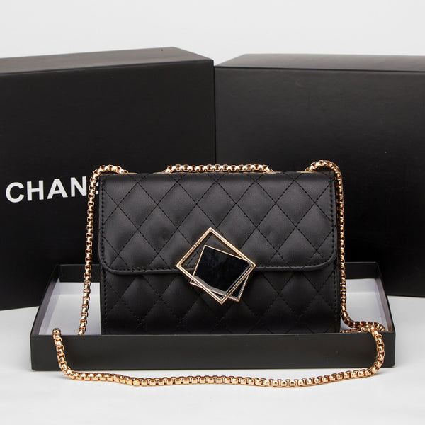 Women's Elegant Black Quilted Crossbody Bag with Gold Chain