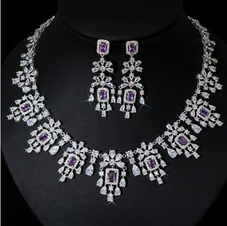 Buy purple-zirconium European And American Fashion Retro Square Zircon Necklace Earrings