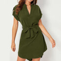 Women V-neck Short Sleeve Dress With Belt