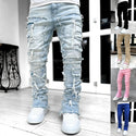 Men Trousers Individual Patched Tight Fit Stacked Jeans