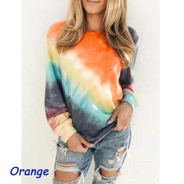 Women Fashion Tie Dye Rainbow Casual Long Sleeve T-shirt