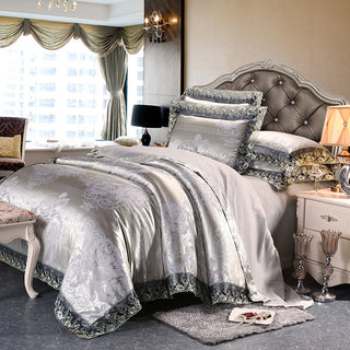 Buy silver-gray Four-Piece Cotton Bedding With European Style Jacquard Satin