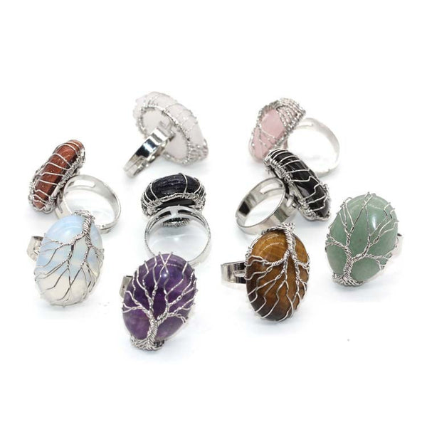 European And American Fashion Exaggerated Natural Crystal Denier Silver Plated Winding Lucky Tree Adjustable Ring