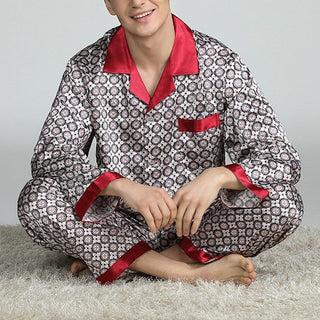 Buy red-circle Men&#39;s Printed Silk Pajamas Spring And Summer Long-Sleeved Suit