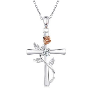 Buy white Rose Cross Necklace With Rhinestone Fashion Personality Pendant Necklace For Valentine&#39;s Day Gift