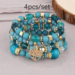 Buy lake-blue Multi-layer Hollow Heart Pendant Tassel Bracelet Suit