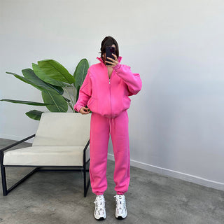 Buy dark-pink Sports Suits With Pockets Stand-up Collar Zipper Cardigan And Drawstring Trousers Fashion Jogger Set Outfits Tracksuits Women&#39;s Clothing