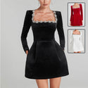Women's Elegant Square Neck Long-sleeved Dress With Flowers Rhinestone Design