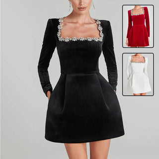 Women's Elegant Square Neck Long-sleeved Dress With Flowers Rhinestone Design