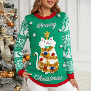 Buy green Jacquard Pullover Christmas Cartoon Kitten Embroidered Sweater