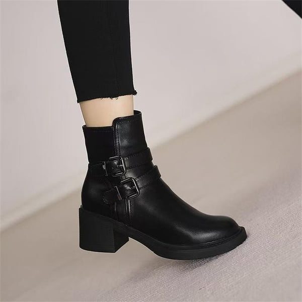 Black Belt Buckle Round Toe Mid Heel Short Boots For Women